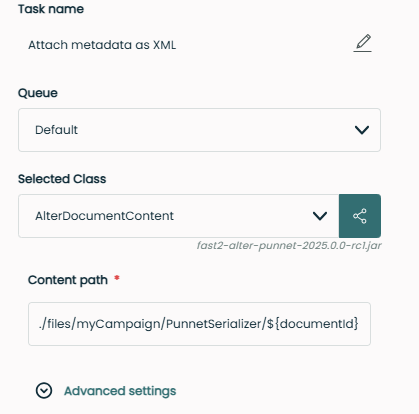 Task configuration to add the XML