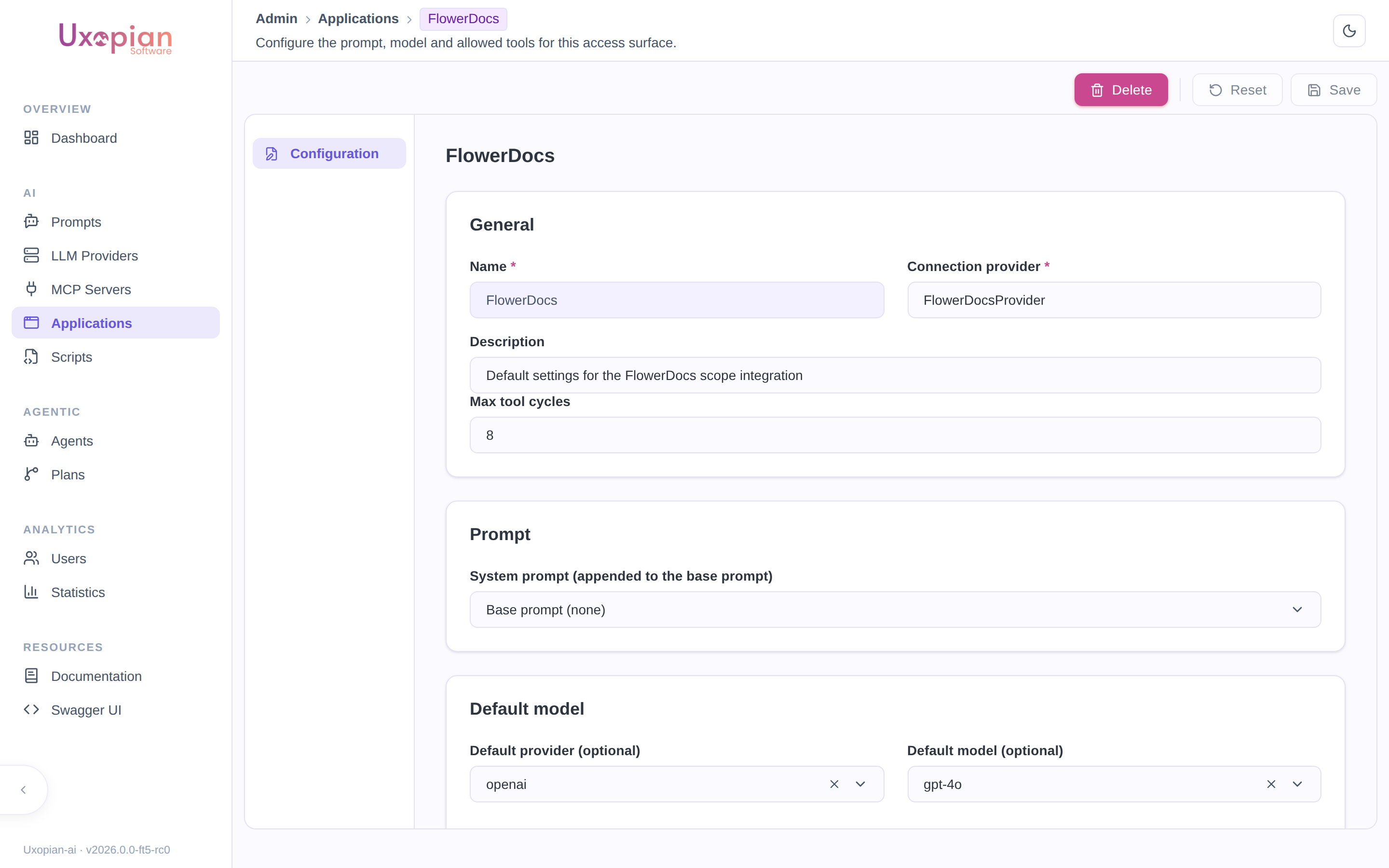 The FlowerDocs Application's Configuration tab: name, connection provider, description, max tool cycles, prompt, and default provider/model