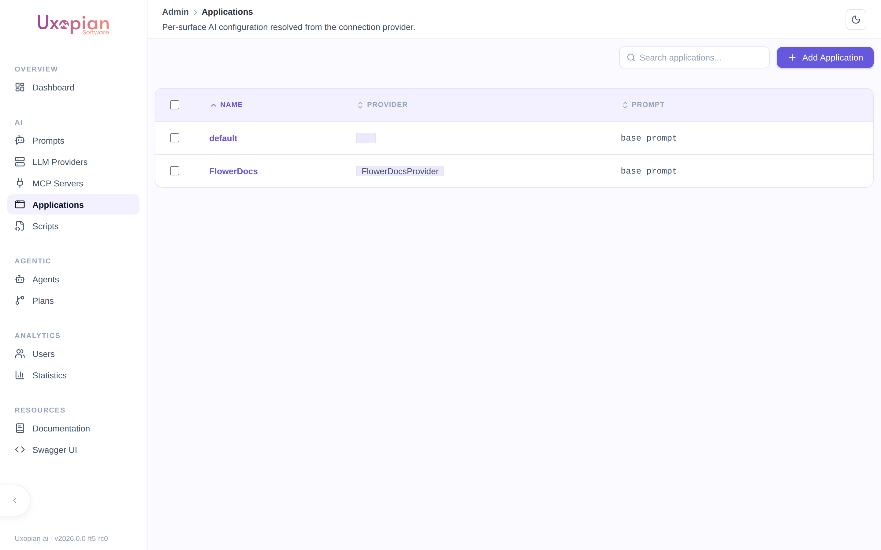The Applications list showing name, connection provider, and prompt for each Application, including an auto-created "default" one
