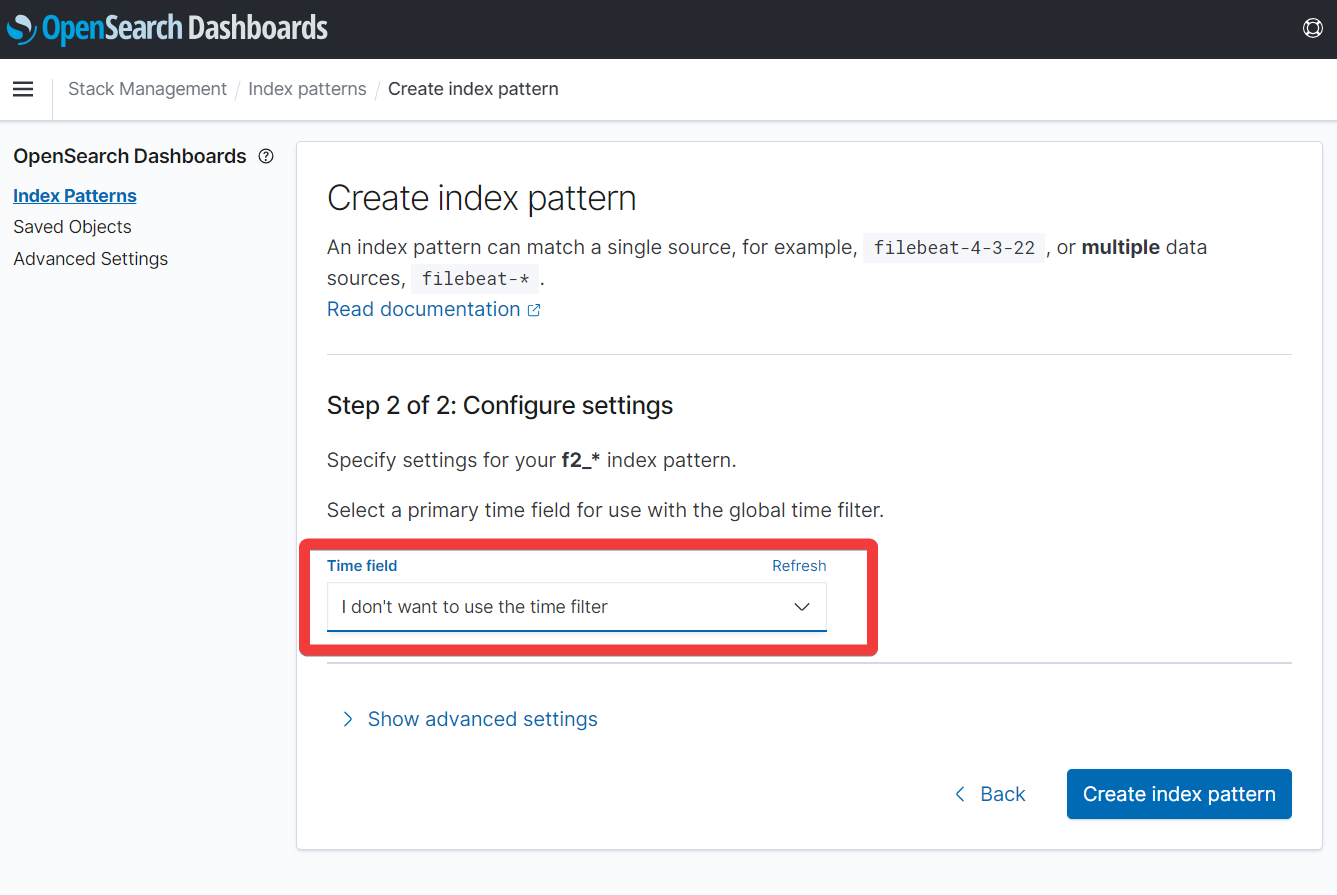 Dashboards : create index, step 3 out of 3