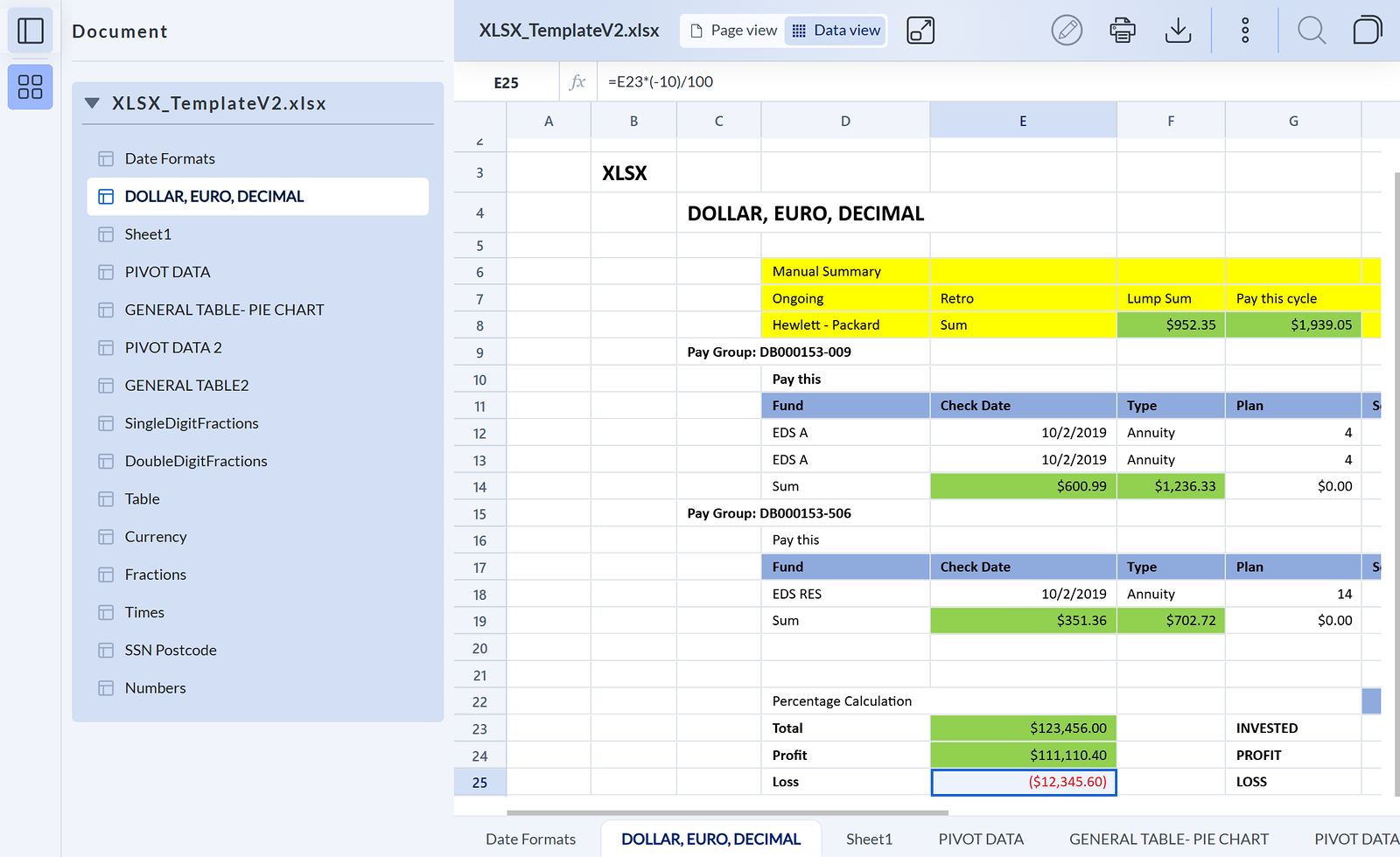 ARender Horizon Data view: the DOLLAR, EURO, DECIMAL sheet of a sample workbook, shown as a grid with its sheet list and formula bar