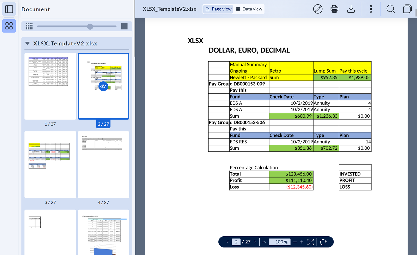 ARender Horizon Page view: the same sheet as converted PDF pages, with page thumbnails