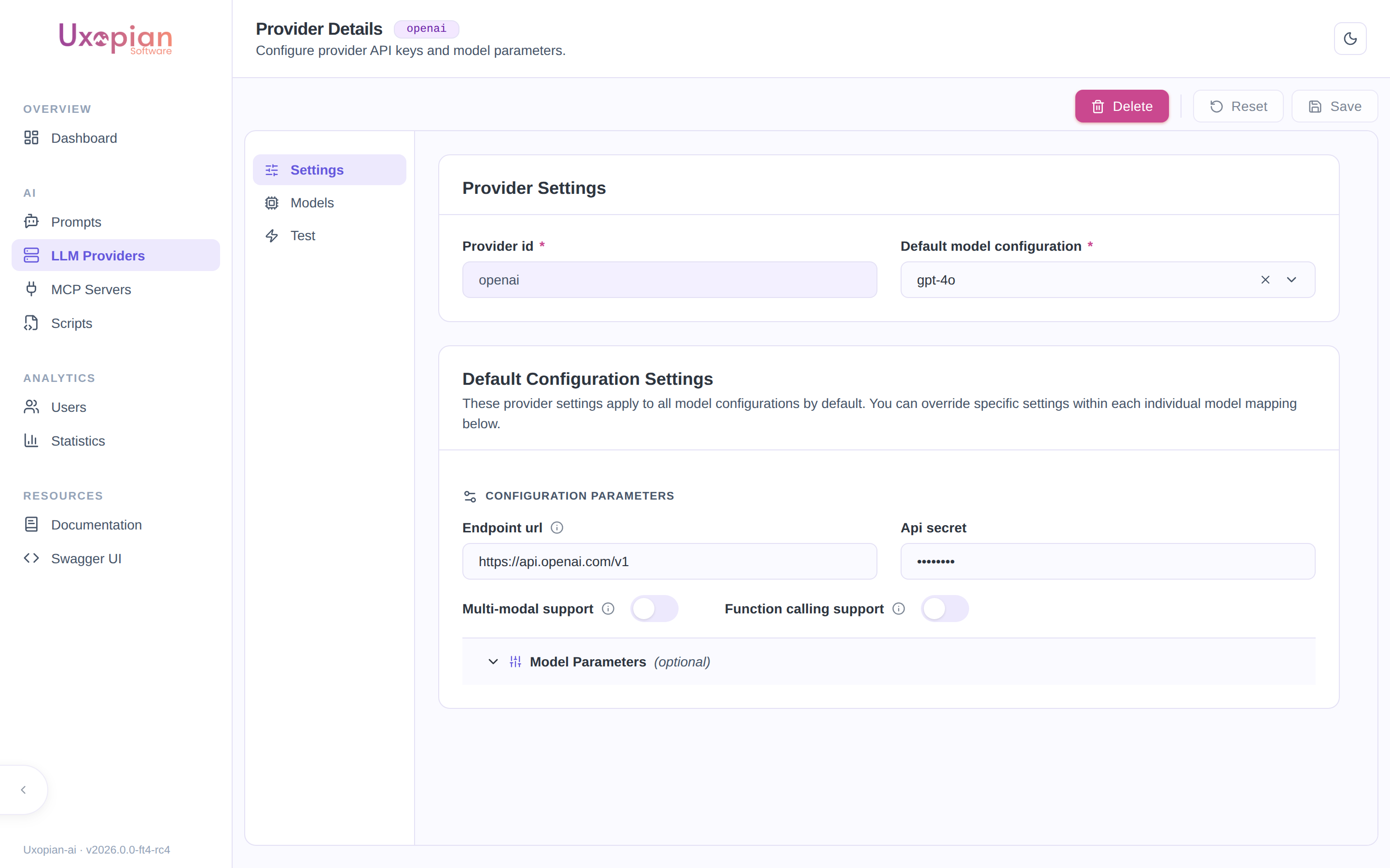 The LLM provider detail page on the Settings tab, with endpoint, API secret, and capability toggles
