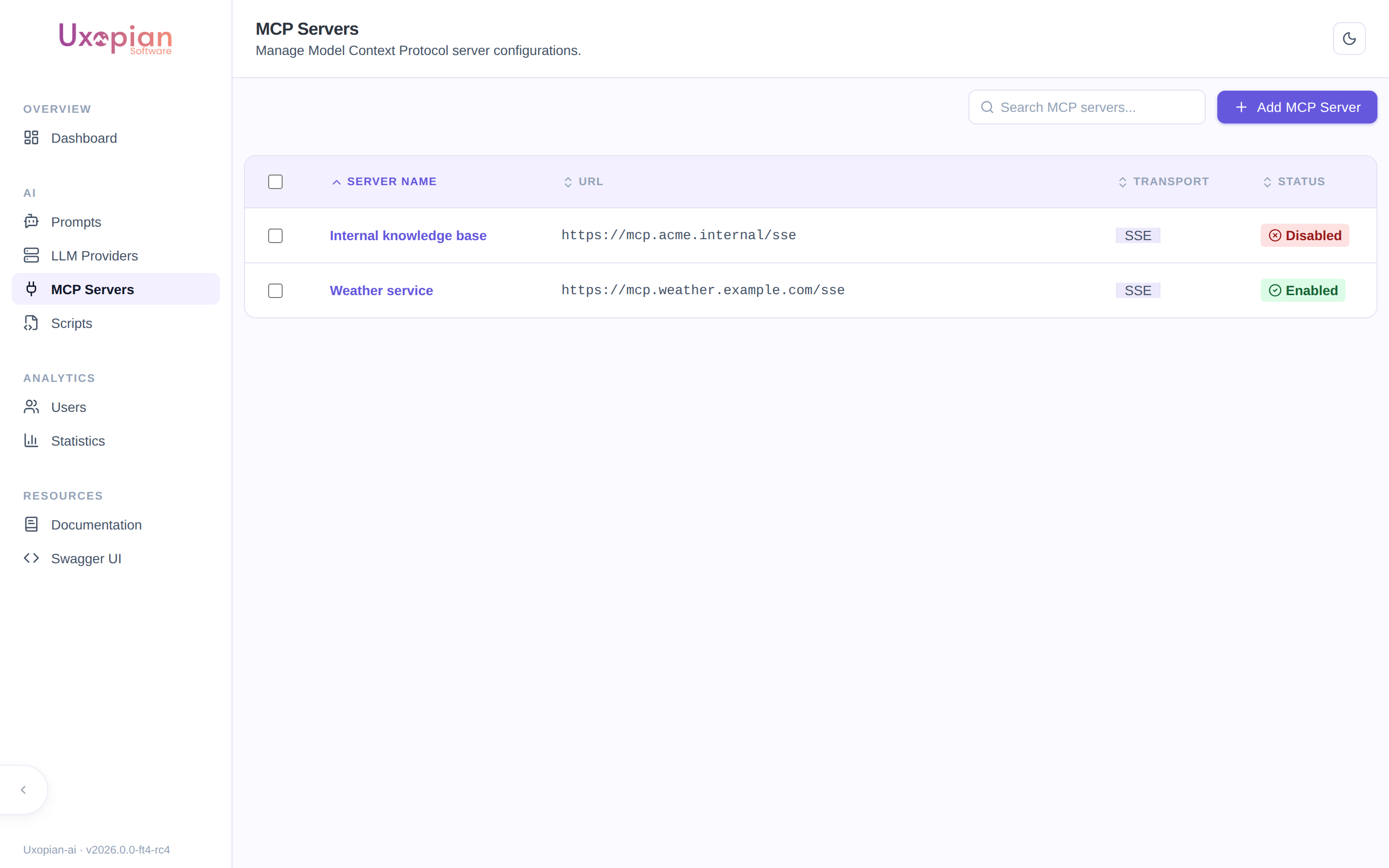 The MCP Servers list showing server name, URL, transport, and enabled status