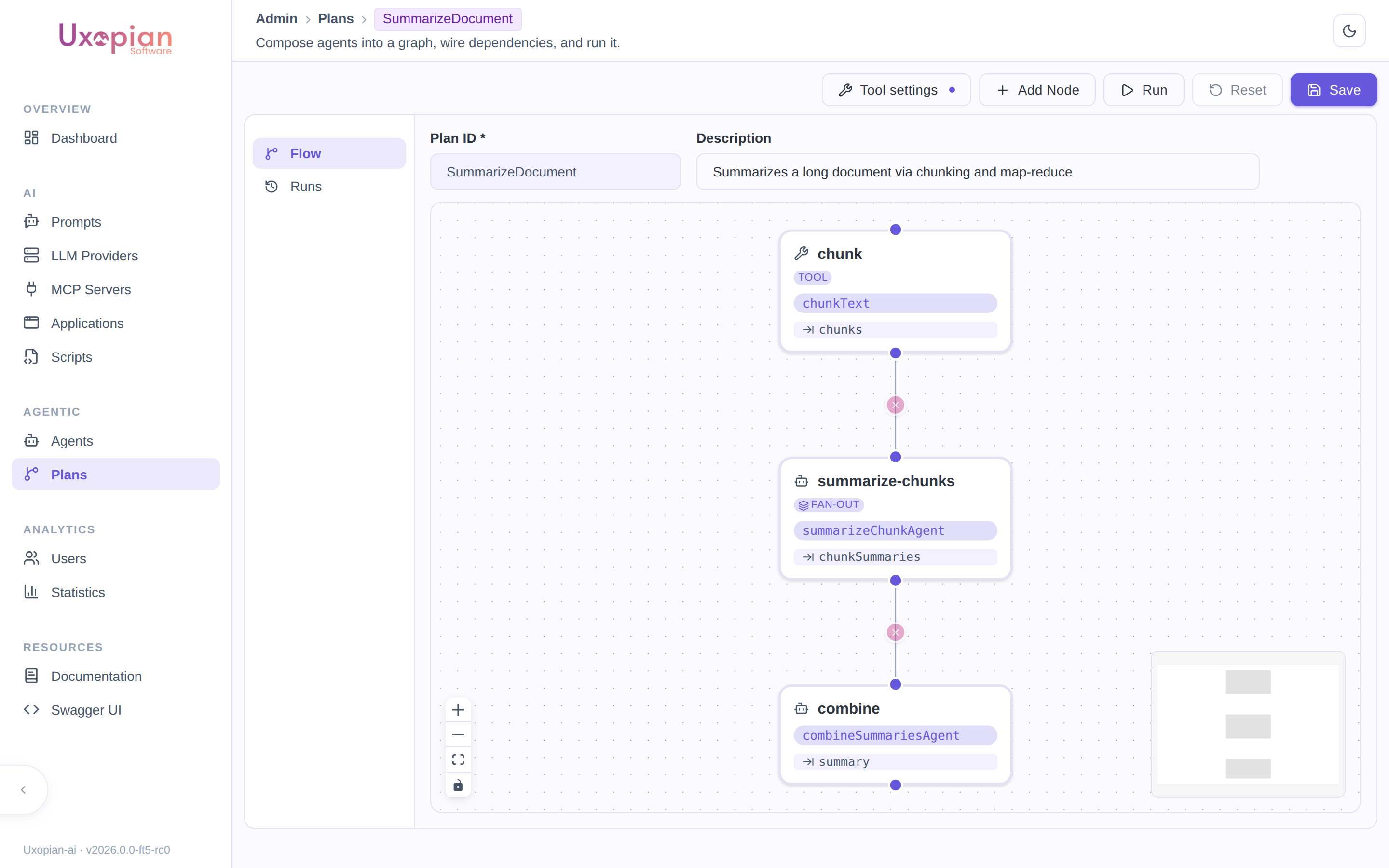 The Flow tab showing a three-node map-reduce plan: chunk, a fan-out summarize-chunks node, and combine