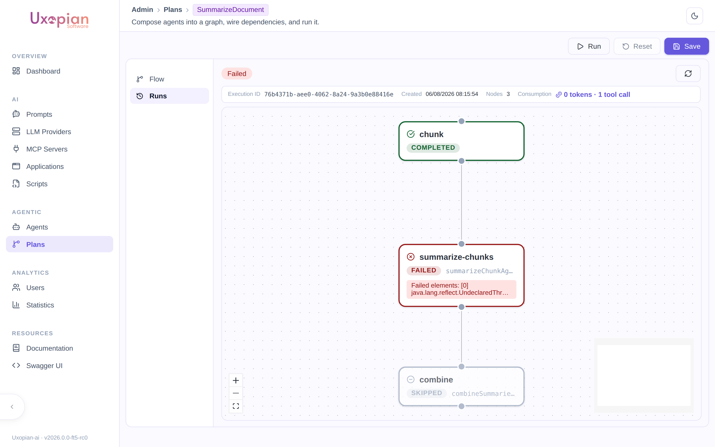 An execution's Runs tab: chunk completed (green), summarize-chunks failed (red) with its error, combine skipped (gray)