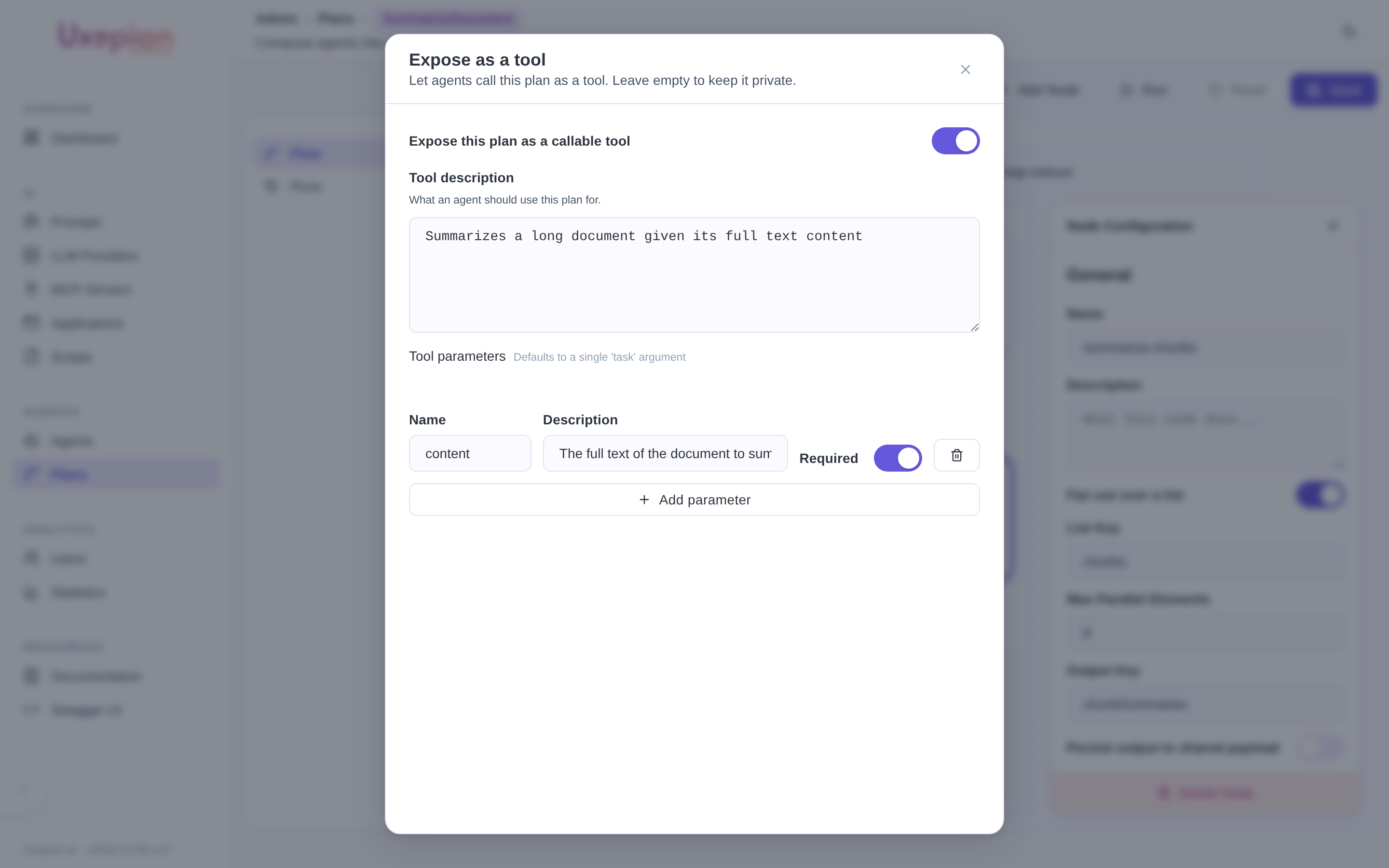 The tool-exposure modal, with the master switch on, a tool description, and one input parameter