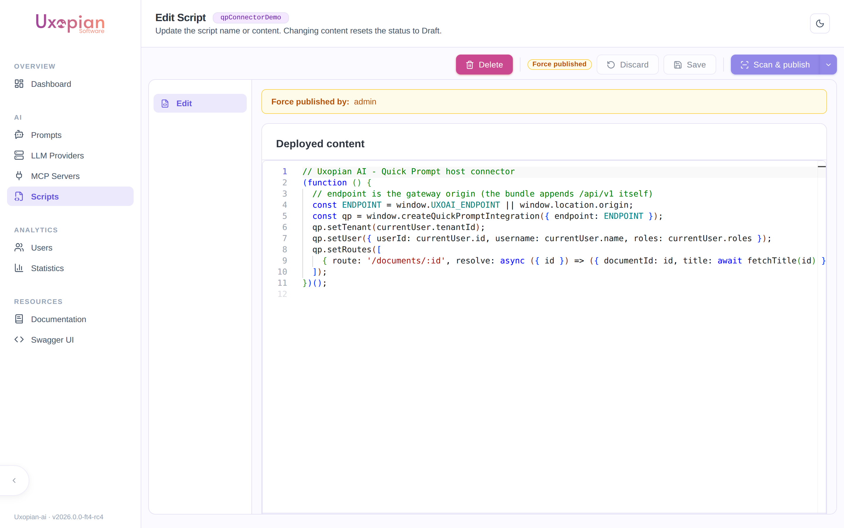 The script detail page with the code editor, status badge, and Scan &amp; publish actions