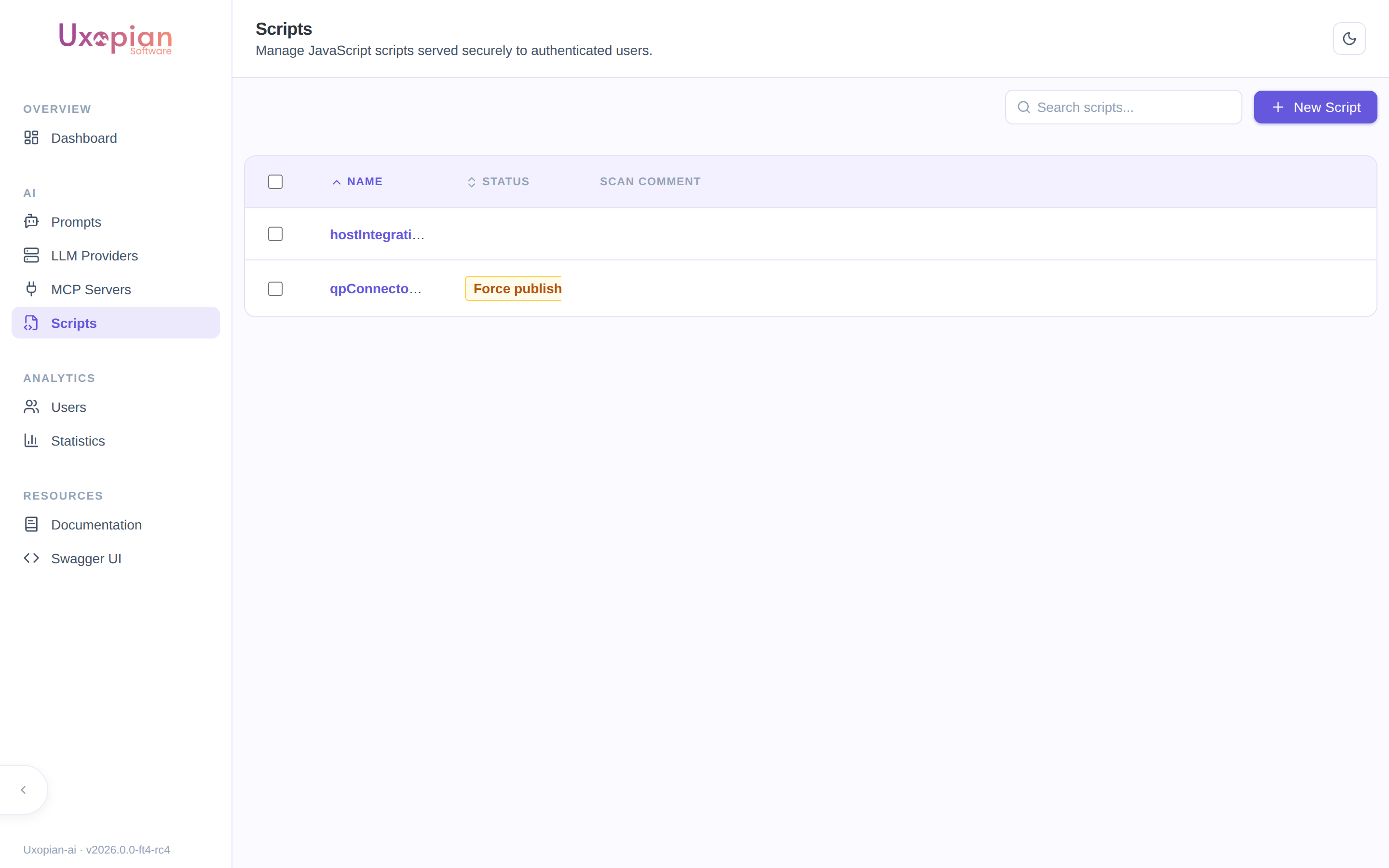 The Scripts section of the admin panel listing scripts with their status